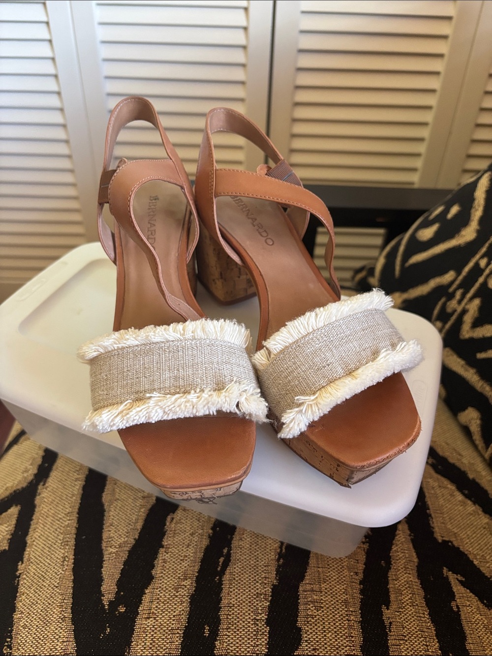 Bernardo Tan Leather Slingback Wedges with Cream Fringed Front Strap